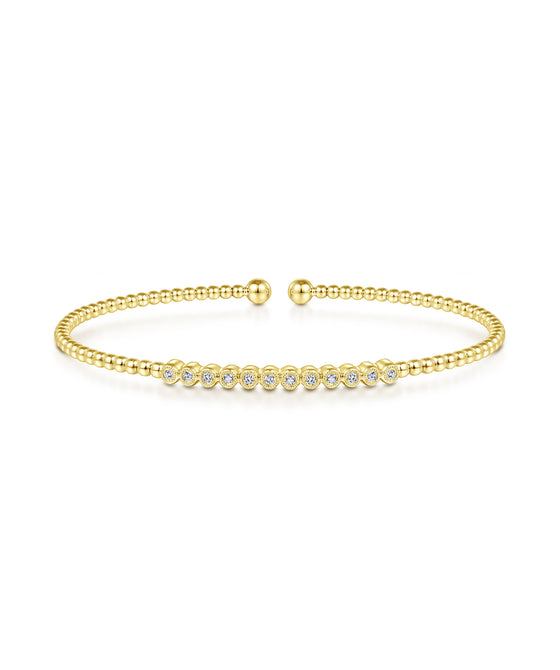 14K Yellow Gold Bujukan Bead Cuff Bracelet with Bezel Set Diamond Stations
