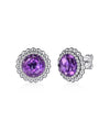 925 Sterling Silver Amethyst Bujukan Round Shape Stud Earrings With Pattern