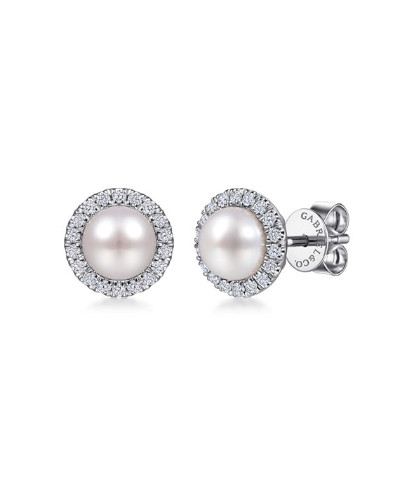 14K White Gold Pearl and Diamond Halo Stud Earrings