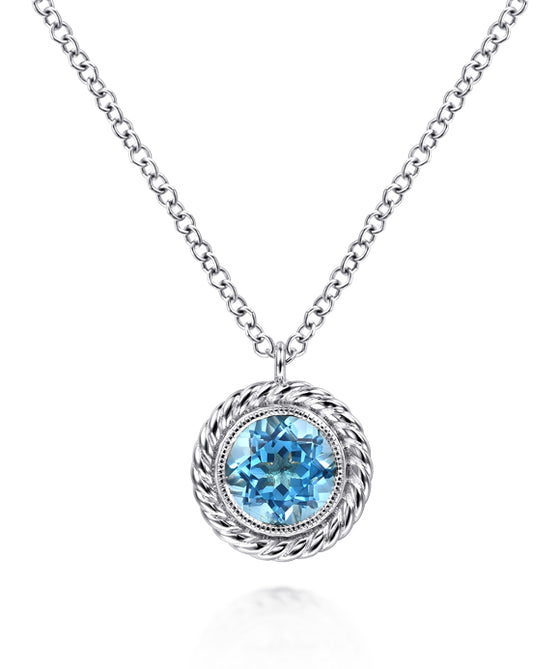 14K White Gold Round Blue Topaz and Twisted Rope Pendant Necklace