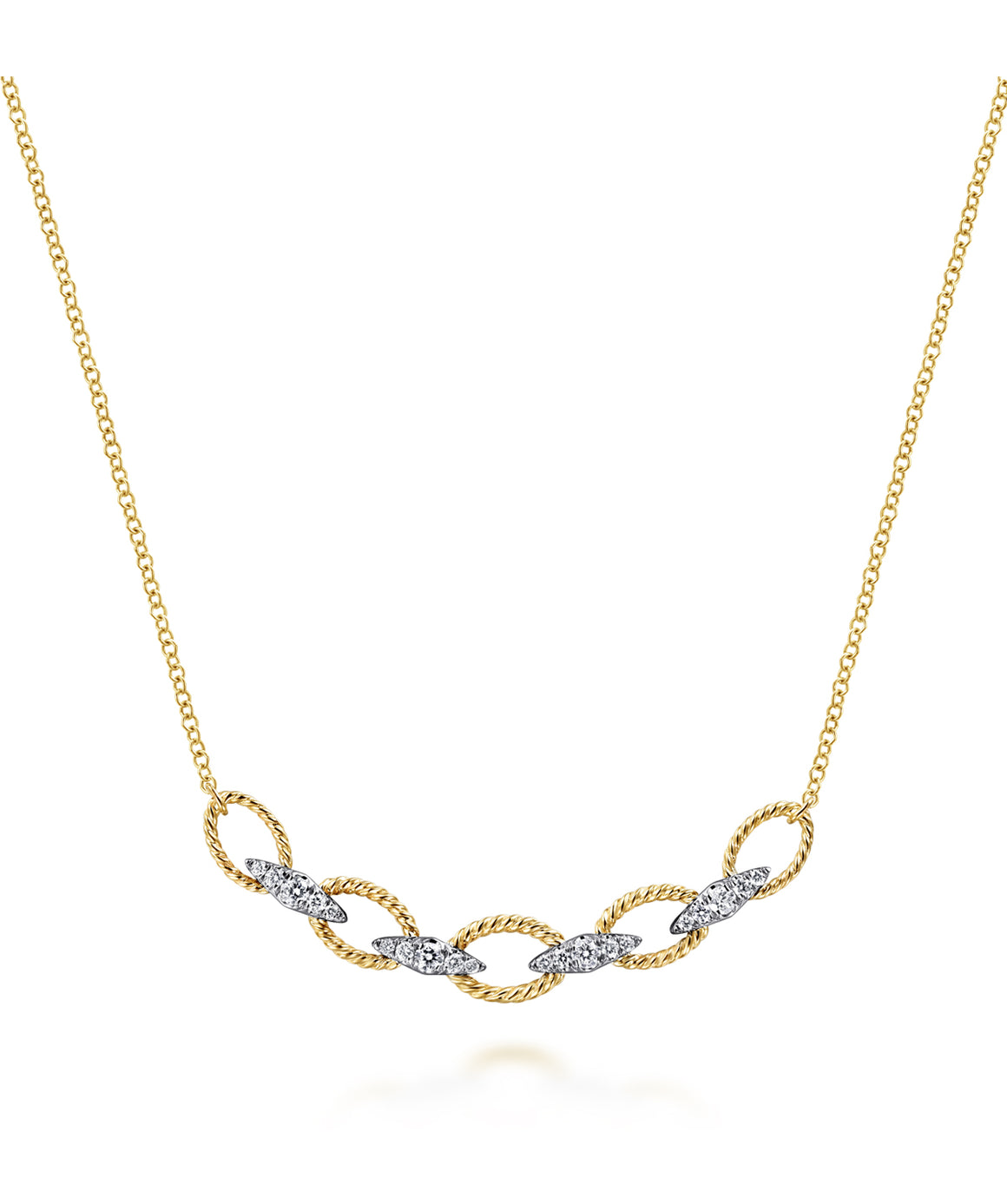 14K Yellow-White Gold Twisted Rope Oval Link Necklace with Diamond Connectors