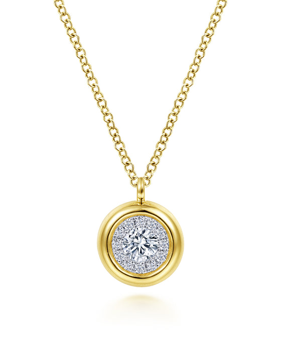 14K Yellow Gold Round Diamond Halo Pendant Necklace with Bezel Frame