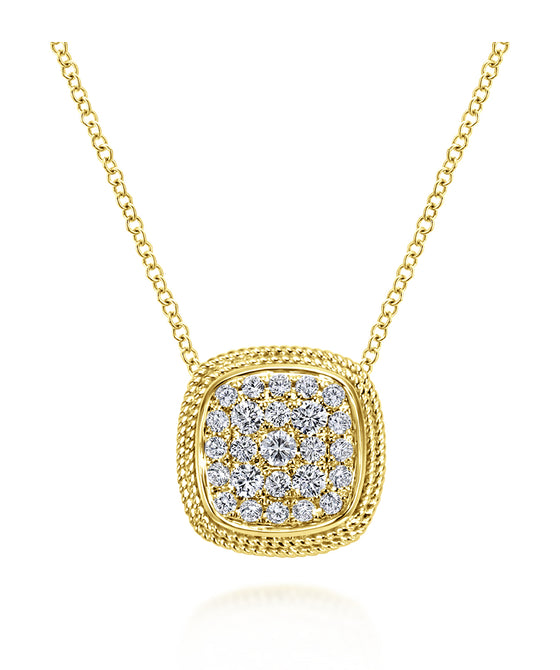18 inch 14K Yellow Gold Cushion Shape Diamond Pavé Pendant Necklace