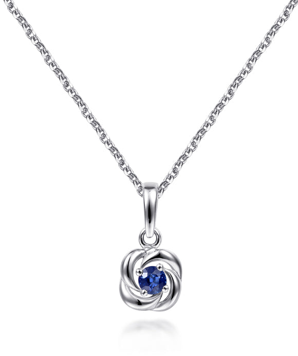 14K White Gold Round Sapphire with Twisted Metal Frame Pendant Necklace