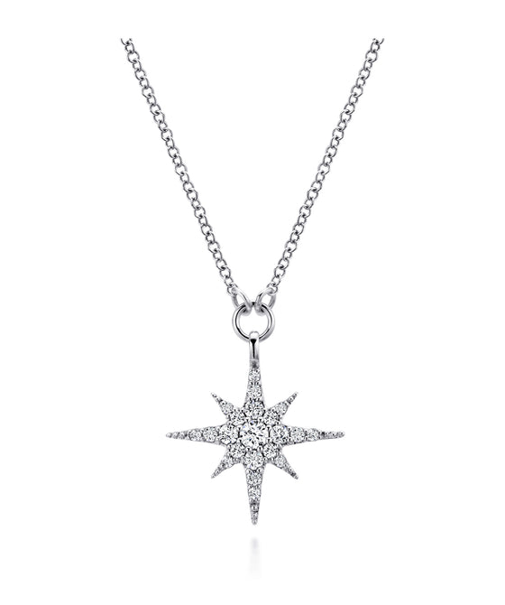 14K White Gold Diamond Starburst Pendant Necklace