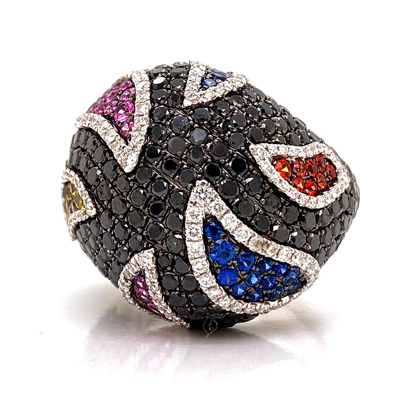 Solid 18K White Gold Multi Sapphire & Genuine Diamond Ring By Siera 18.5g  -  Estate Jewelry