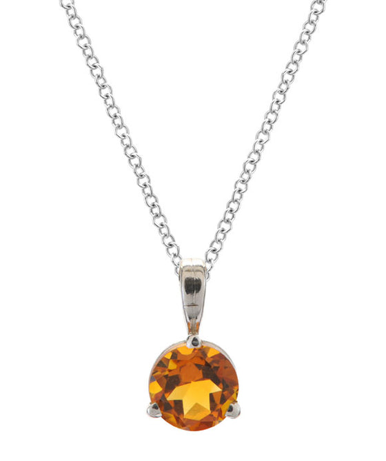 Simple Solitaire Round Citrine Pendant 14K White Gold and Silver