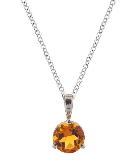 Simple Solitaire Round Citrine Pendant 14K White Gold and Silver