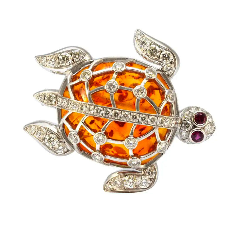 Solid 18K White Gold Amber, Genuine Diamond & Natural Ruby Turtle Pendant/Pin -  Estate Jewelry