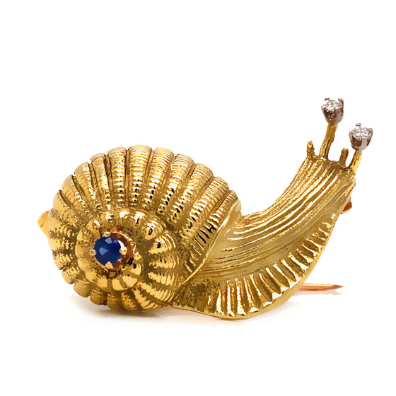 Solid 18K Yellow Gold Diamond and Sapphire Snail Pin/ Brooch 13.7g -  Estate Jewelry