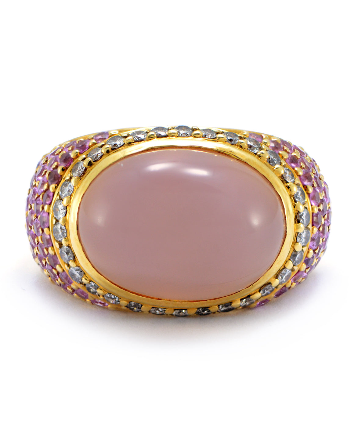 Solid 18K Yellow Gold Genuine Rose Quartz, Diamond & Pink Sapphire Ring 12.8g - Estate Jewelry