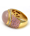 Solid 18K Yellow Gold Genuine Rose Quartz, Diamond & Pink Sapphire Ring 12.8g - Estate Jewelry