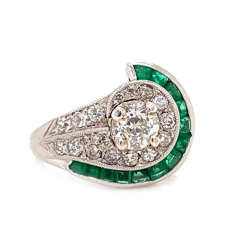Pure Platinum Antique Diamond & Emerald Ring 5.9 grams size 5.25  -  Estate Jewelry