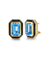 14K Yellow Gold Blue Topaz Emerald Cut Earring With Flower Pattern J-Back and Black Enamel