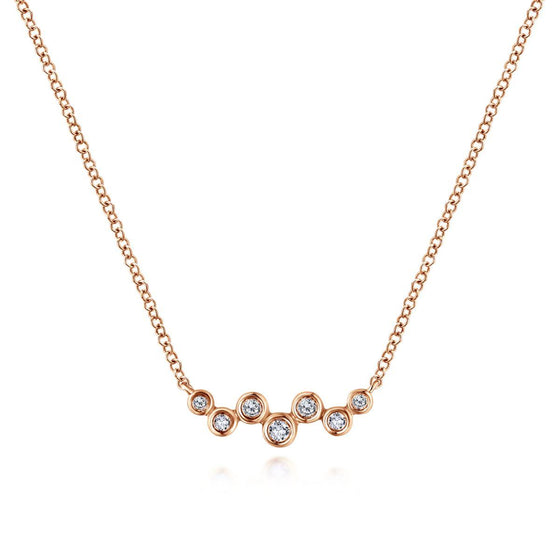 14K Rose Gold Zig Zag Bubble Bar Necklace with Bezel Set Diamonds