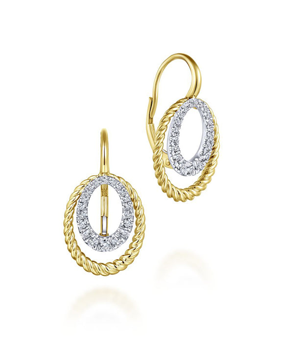 14k Yellow/White Gold Twisted Oval Diamond Drop Earrings