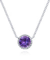 14K White Gold Round Amethyst and Diamond Halo Pendant Necklace