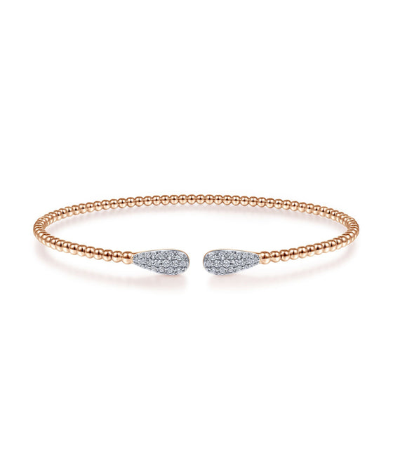 14K Rose Gold Bujukan Bead Cuff Bracelet with Diamond Pave Teardrops