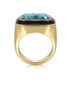 14K Yellow Gold Blue Topaz Emerald Cut Ladies Ring With Flower Pattern J-Back and Black Enamel
