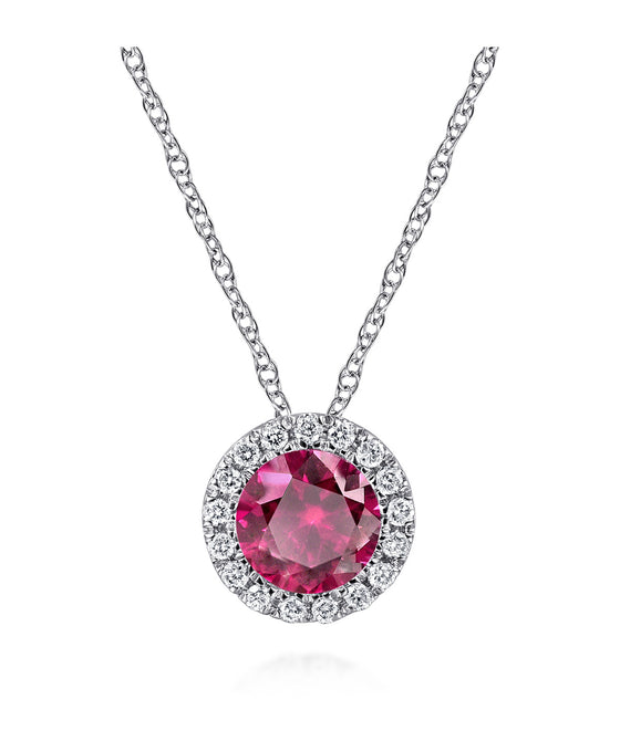 14K White Gold Ruby and Diamond Halo Pendant Necklace