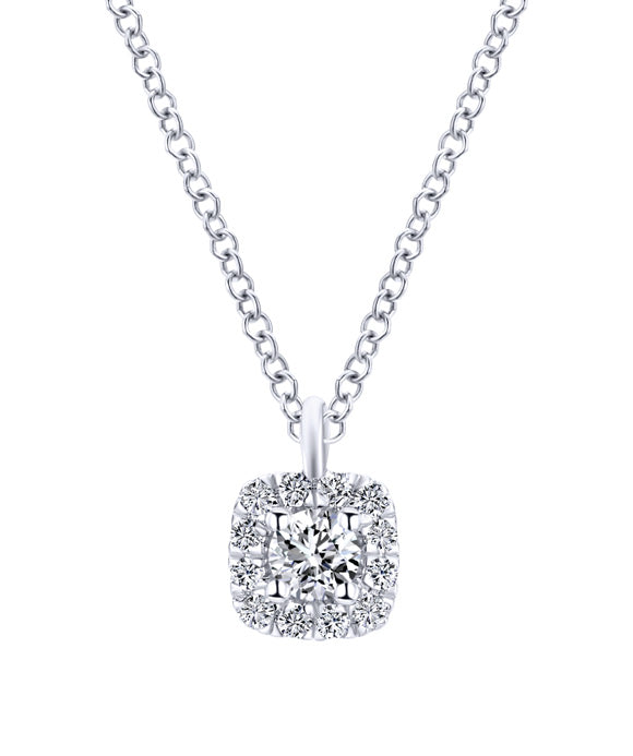 14K White Gold Cushion Halo Round Diamond Pendant Necklace