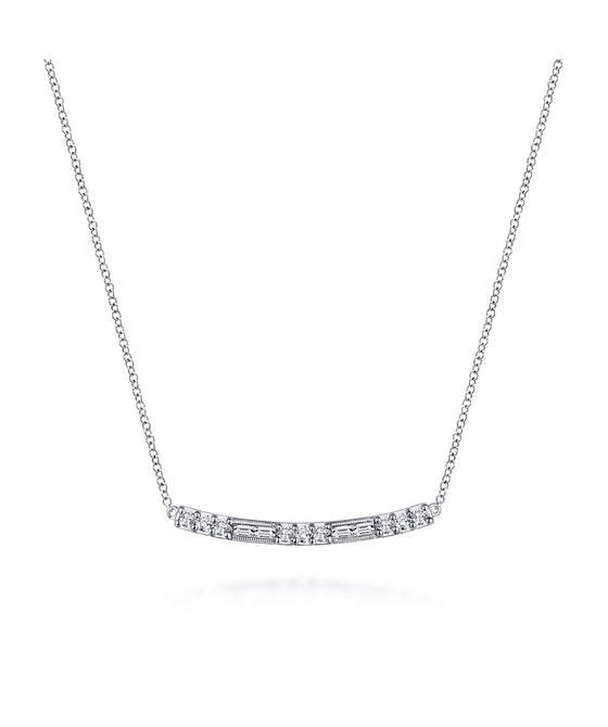 14K White Gold Round and Baguette Diamond Curved Bar Necklace