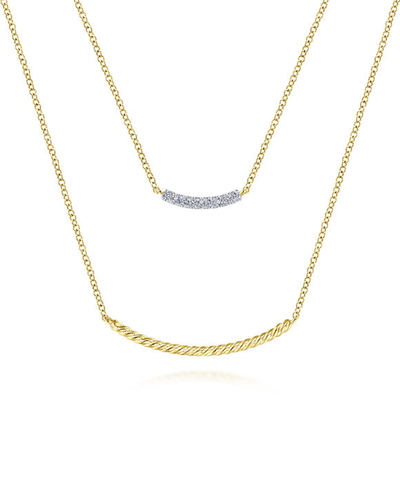 14k Yellow Gold Layered Twisted Diamond Bar Necklace