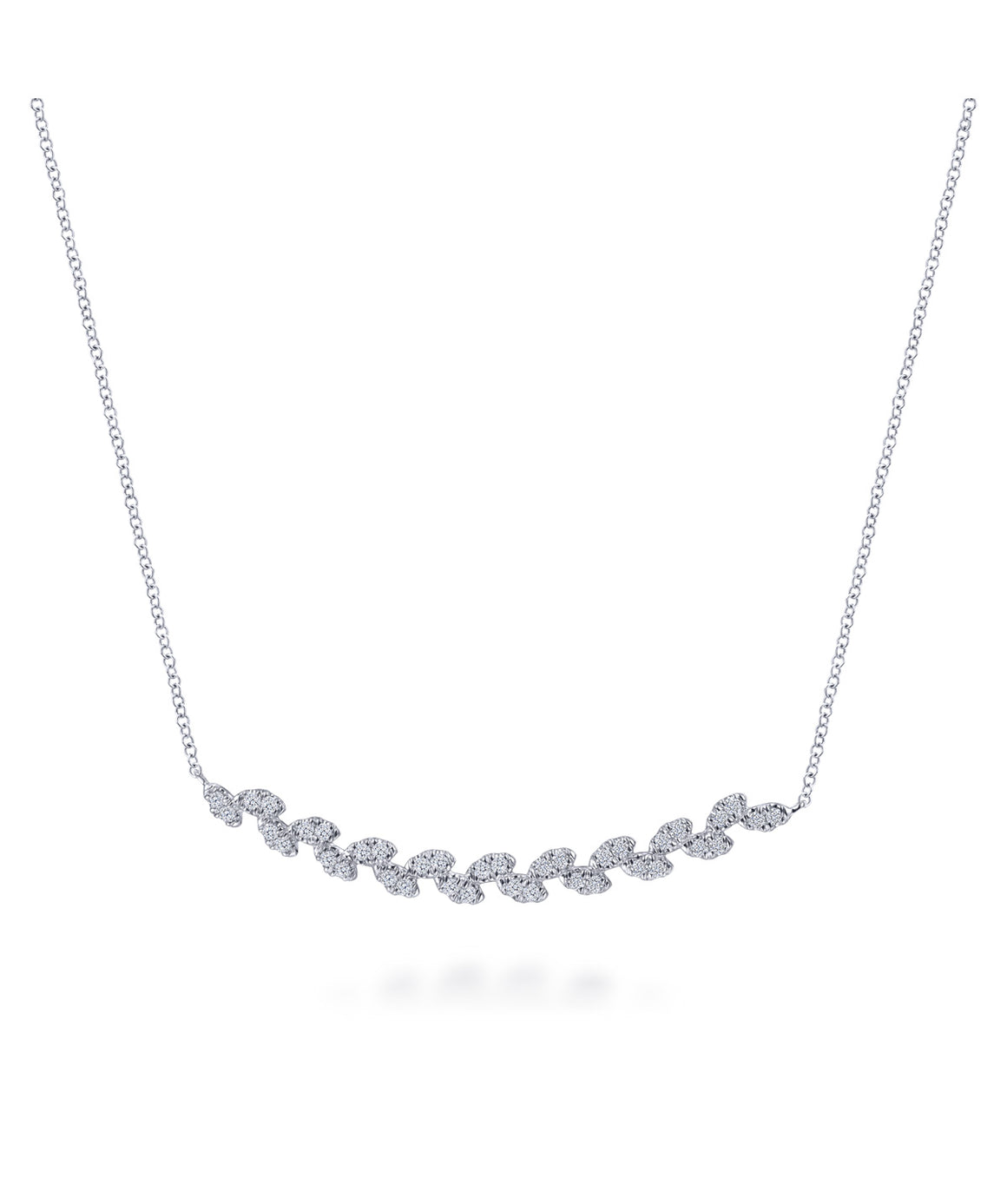 14K White Gold Diamond Pave Curved Bar Leaf Necklace