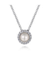 18 Inch 14K White Gold Pearl and Diamond Halo Pendant Necklace