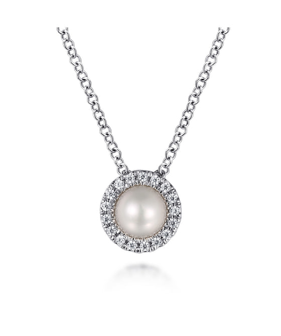 18 Inch 14K White Gold Pearl and Diamond Halo Pendant Necklace