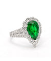 18K White Gold Pear Shaped Emerald & Diamond Halo Ring