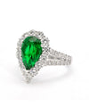 18K White Gold Pear Shaped Emerald & Diamond Halo Ring