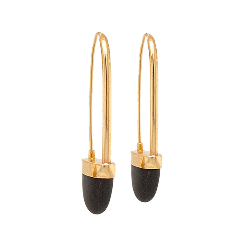 Solid 14K Yellow Gold & Black Lava Drop Earrings 6.3g -  Estate Jewelry