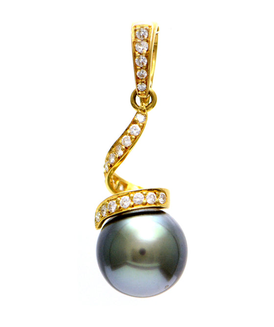 Solid 18K Yellow Gold Tahitian Pearl & Genuine Diamond Spiral Pendant 4.8g -  Estate Jewelry