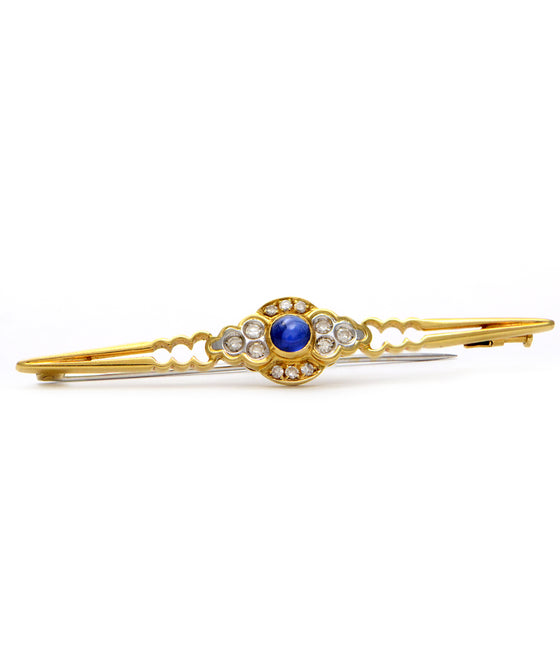 Solid 18K Yellow Gold Genuine Sapphire & Diamond Brooch! 6.8grams  -  Estate Jewelry