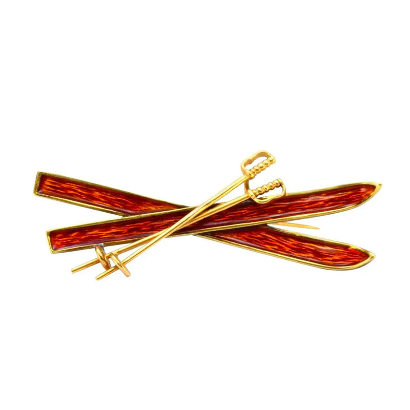 Solid 14K Yellow Gold Genuine Enamel Ski Brooch -  Estate Jewelry