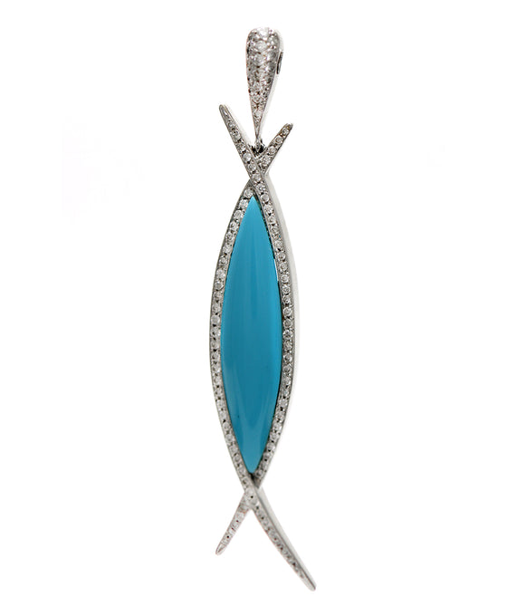 Solid 18 Karat White Gold Genuine Turquoise and Natural Diamond Pendant 13.8g -  Estate Jewelry