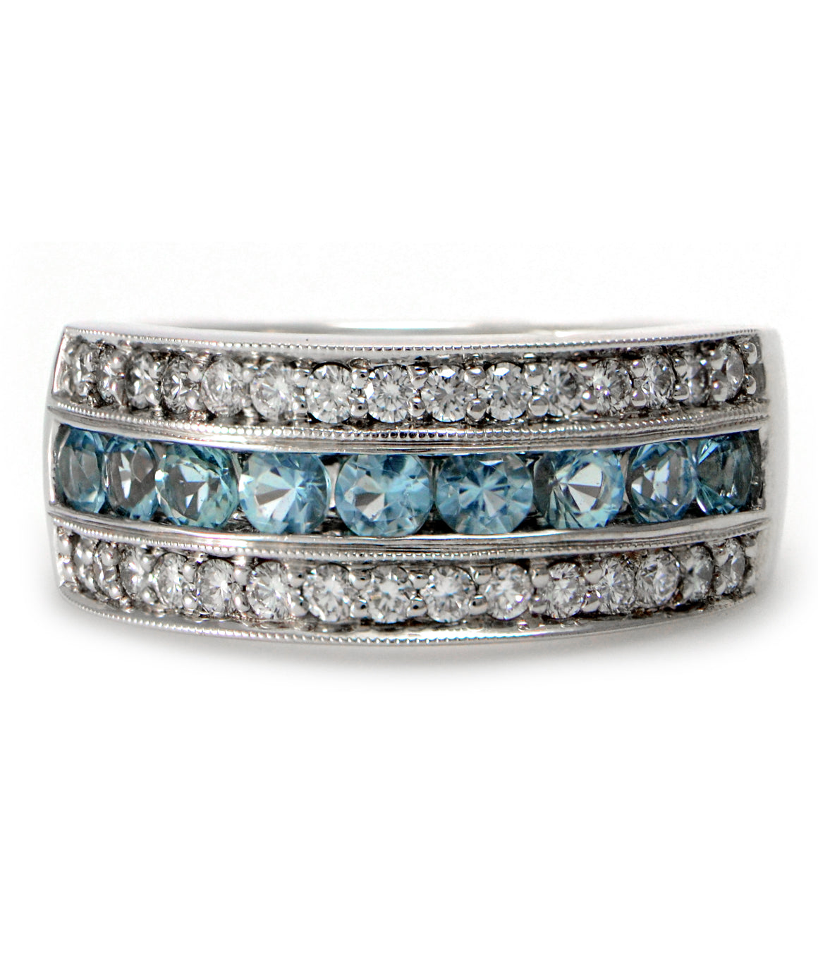 Solid 18 Karat White Gold Genuine Aquamarine and Diamond Band -  Estate Jewelry